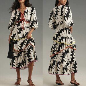 Farm Rio Black and White Floral Cutout Tiered Linen Maxi Dress Women’s Size XS
